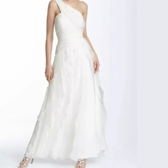 Tadashi Shoji One Shoulder Ivory Chiffon Gown / Wedding Dress Size 12 - Picture 2 of 10